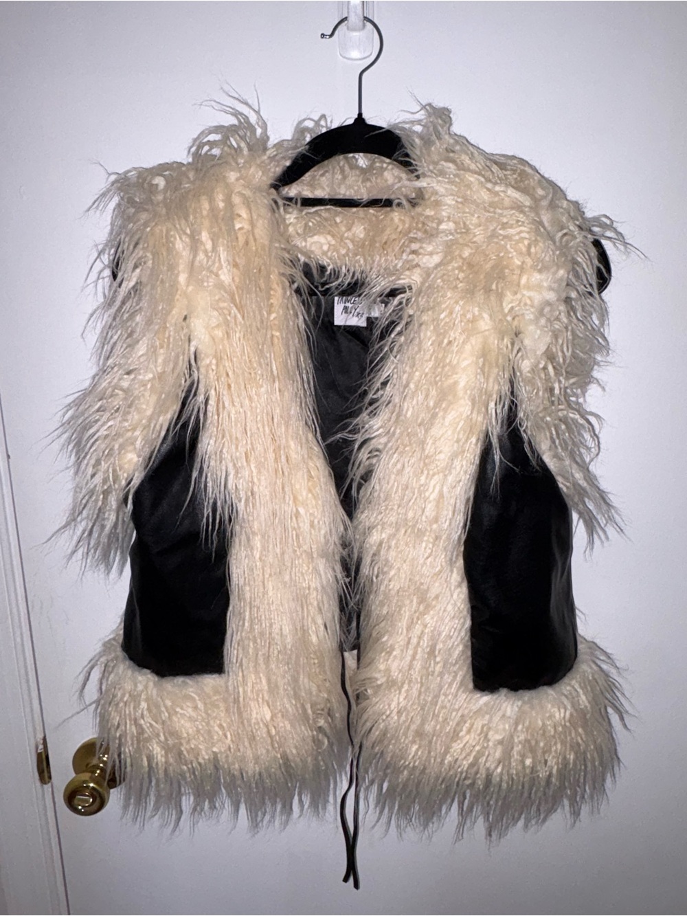 Princess Polly Cream Faux Fur Teddy Vest with Black Leather